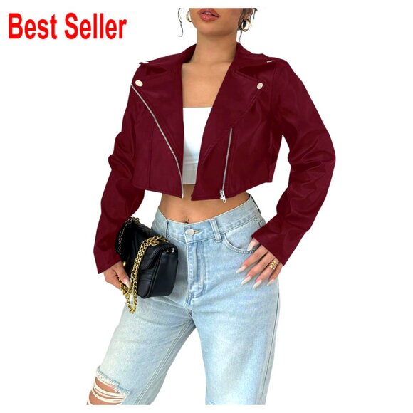 PU Leather Cropped Moto Jacket with Zip Front and Notched Lapel